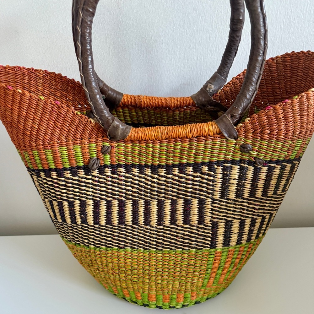 Vibrant Woven Tote Bag with Leather Handles